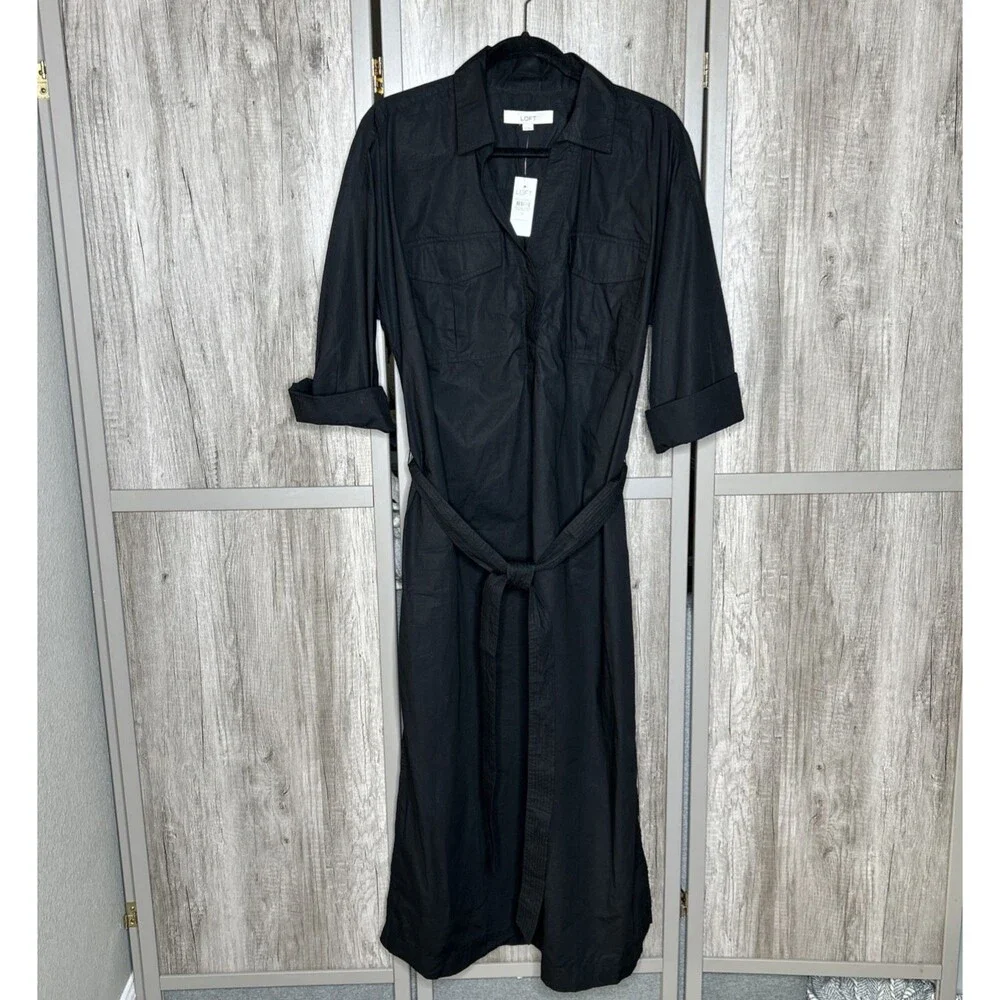 LOFT Maxi Dress Women Size 12 Cotton Roll Up Sleeve Side Slits Black Color NWT